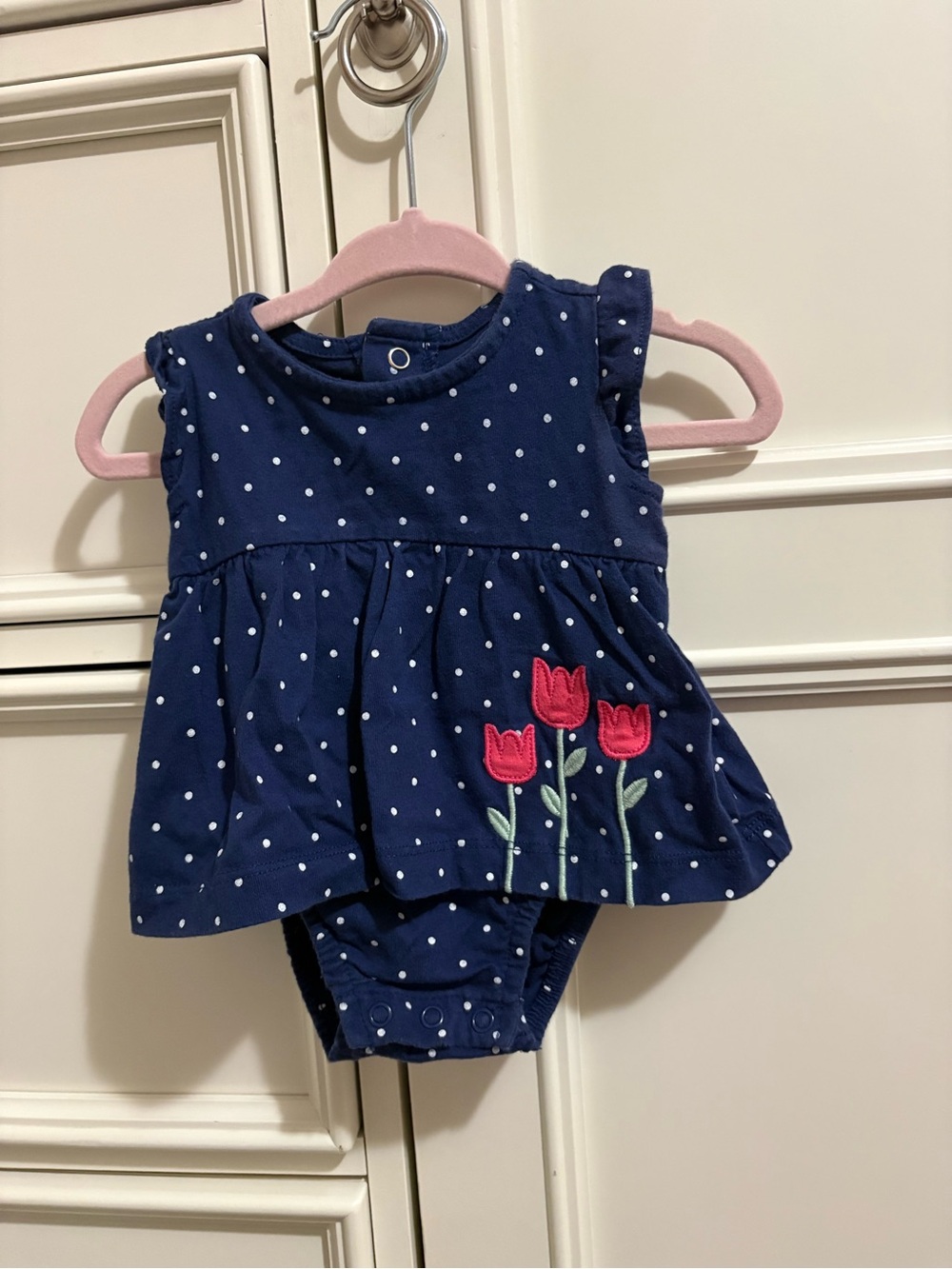 Carter's Navy Polka Dot Onesie Dress with Pink Tulip Embroidery